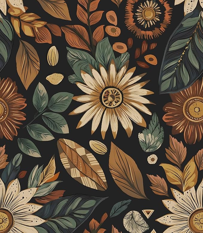 Boho Wallpaper Peel and Stick, Vintage Black Brown/Green Floral Contact Paper