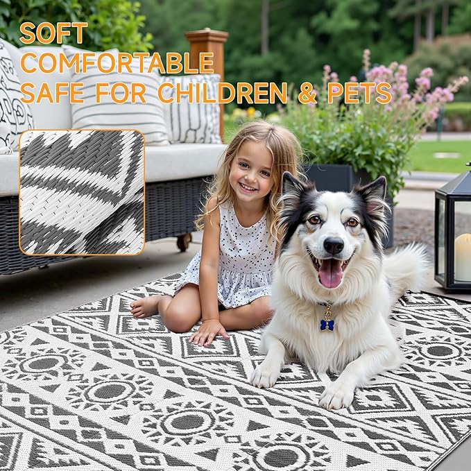 Outdoor Rug Waterproof 5x8 ft, Reversible Outdoor Plastic Straw Rug Patio Rug, RV Rugs for Outside, Outdoor Carpet for Patio Camping Deck Balcony Backyard, Gray & White