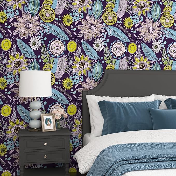 Purple Boho Wallpaper Peel and Stick, Vintage Yellow Floral Contact Paper