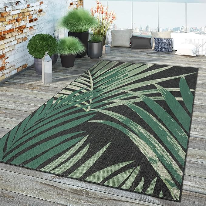 Tropical Outdoor Rug Palm Tree & Jungle Design Flatweave in Black Green, Size: 6'7" x 9'6"