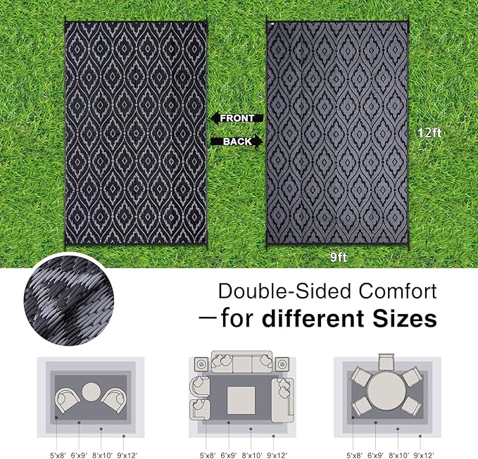 OLANLY Outdoor Rug 9x12 ft Waterproof, Outdoor Plastic Straw Rug with Geometric Pattern Clearance, Reversible RV Mat for Patio, Camping, Balcony, Deck, Backyard, Black & Grey