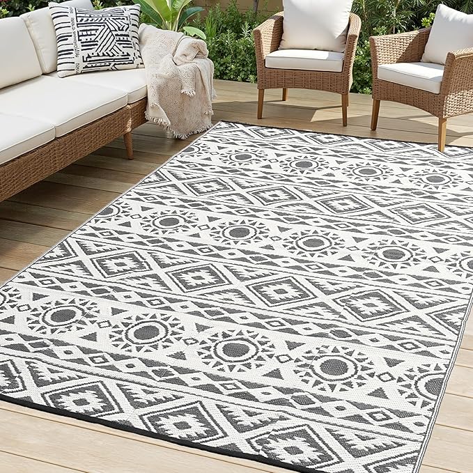 Outdoor Rug Waterproof 5x8 ft, Reversible Outdoor Plastic Straw Rug Patio Rug, RV Rugs for Outside, Outdoor Carpet for Patio Camping Deck Balcony Backyard, Gray & White