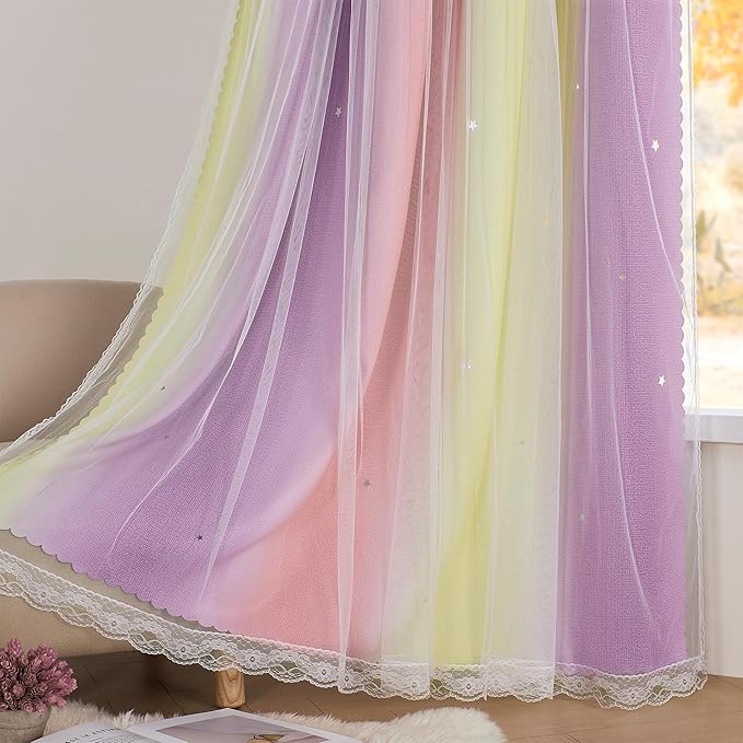 XiDi Pink Yellow Curtains for Bedroom Decor Blackout Curtains for Girls Kids