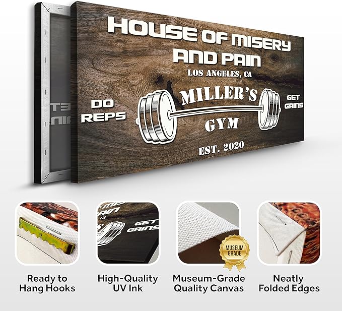 Tailored Canvases Personalized Gym Sign Wall Art Decor - Motivational Canvas for Home Gym, Workout Room, Garage, Fitness Center - Workout Inspirational Posters - House of Misery and Pain, Wooden 60x30in