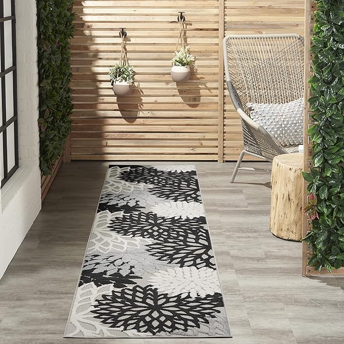 Nourison Aloha Indoor/Outdoor Black White 2'3" x 12' Area Rug, Tropical, Botanical, Easy Cleaning, Non Shedding, Bed Room, Living Room, Dining Room, Deck, Backyard, Patio (2x12)