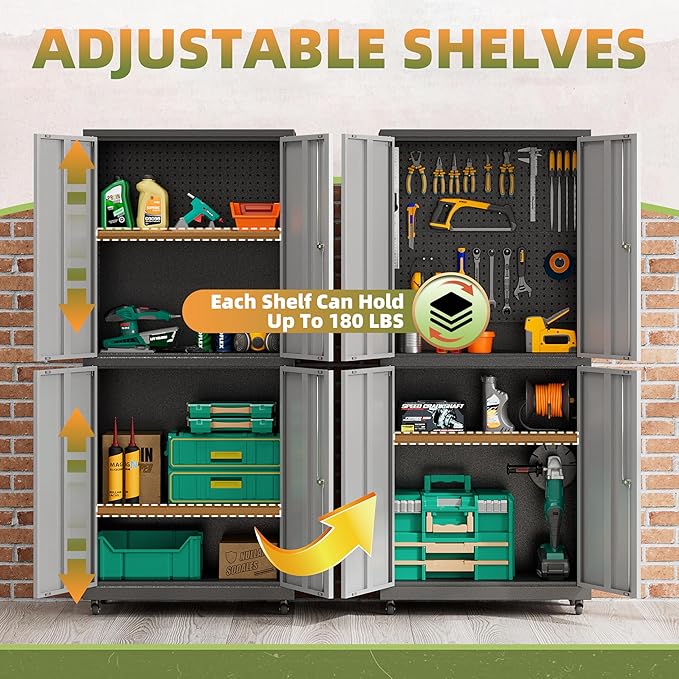 Garage Storage Cabinet with Wheels, Lockable Metal Storage Cabinet