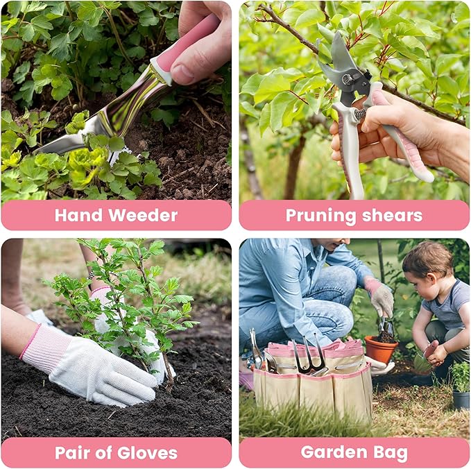 Garden Tools, 8 Piece Gardening Tools with Bag, Heavy Duty Stainless Steel Garden Tools Set, Outdoor Hand Tools, Ideal Garden Tool Kit Gifts for Women Pink.