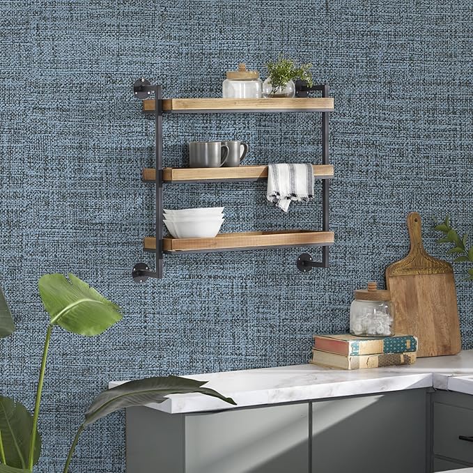 Blue Gray Grasscloth Peel and Stick Wallpaper 17.3"x160" Faux Linen Textured