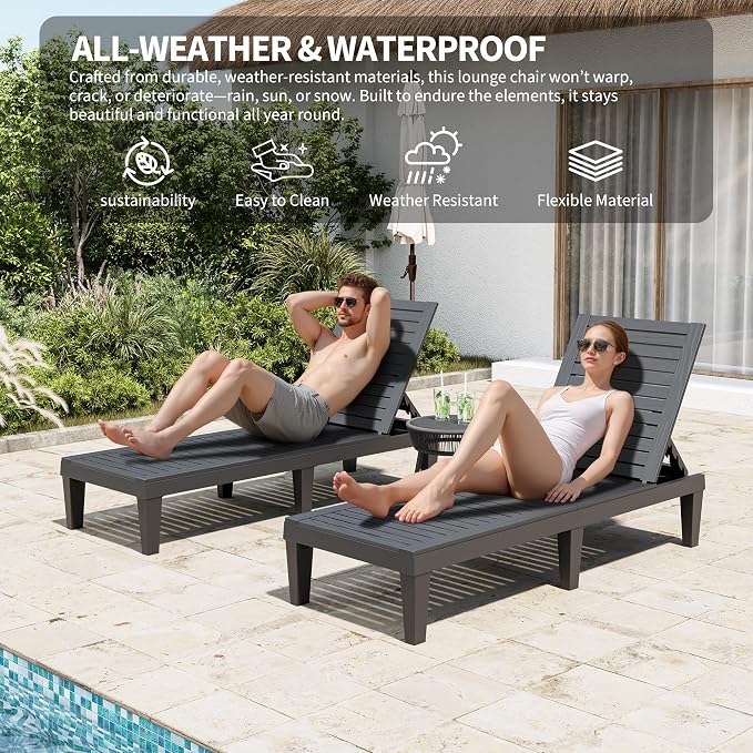 Outdoor Lounge Chair Set of 2, 5-Positions Adjustable Patio Chaise Lounges, Waterproof Tanning Chairs for Poolside, Backyard, Scratch-Resistant & Easy to Clean (Black Striped, Set of 2)