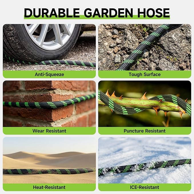 Garden Hose 50 ft Flexible Water Hose Non-Expanding Lightweight Kink-Free Hoses Durable Leak-Proof High Pressure Pipe with 3/4” Brass Fitting 10 Function Nozzle for Outdoor Yard Lawn Car Wash