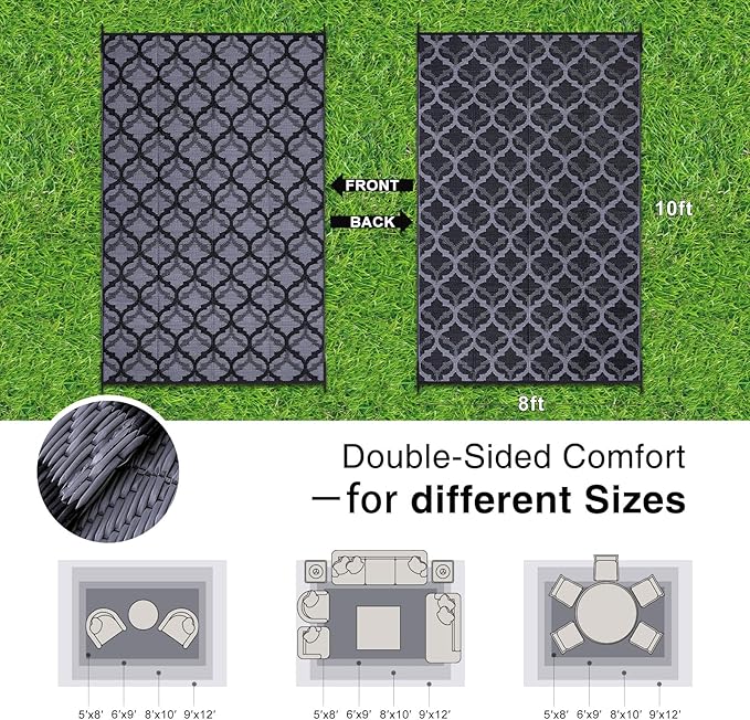 OLANLY Reversible Outdoor Rug 8x10 ft Clearance, Waterproof Outdoor Plastic Straw Rug with Interlacing Pattern, RV Mat for Patio, Camping, Balcony, Deck, Backyard, Black & Grey