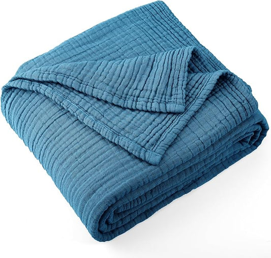 Carriediosa 100% Cotton Muslin Throw Blanket 50" X 70" Throw XL Size，4-Layers Summer Gauze Throws for Bed Couch，Soft Lightweight Breathable Linen Blankets Bedspread for Adults All Season，Dusty Blue