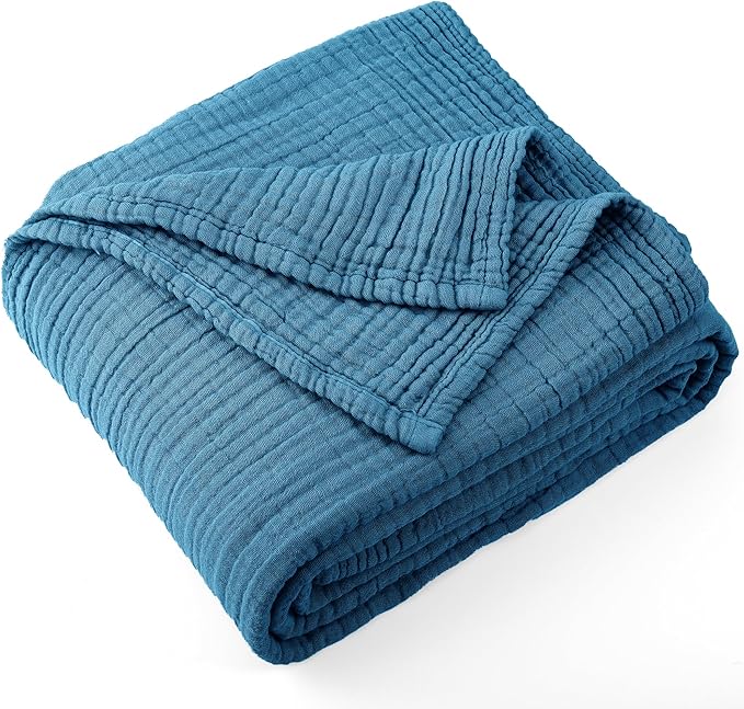 Carriediosa 100% Cotton Muslin Throw Blanket 108" X 90" King Size，4-Layers Summer Gauze Throws for Bed Couch，Soft Lightweight Breathable Linen Blankets Bedspread for Adults All Season，Dusty Blue