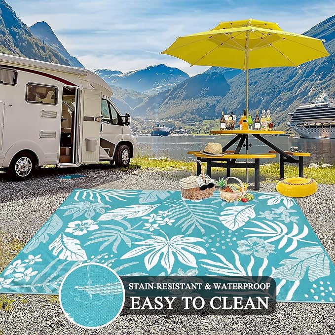 Pauwer Waterproof Outdoor Rug 8x10, Reversible Plastic Straw Patio Camping Rug, Indoor Outdoor RV Mat Carpet for Deck, Camper, Porch, Balcony, Backyard, Picnic, Floral Teal