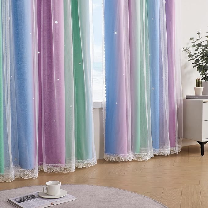 XiDi Blue & Rainbow Curtains for Kids & Girl Rooms