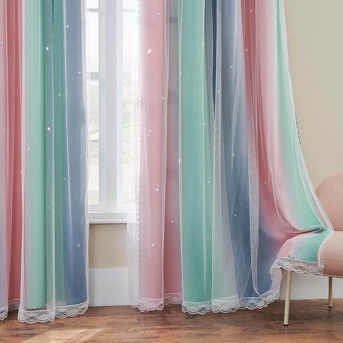 XiDi Pink Grey Curtains for Girls Bedroom, Unicorn Wall Decals Green Curtain