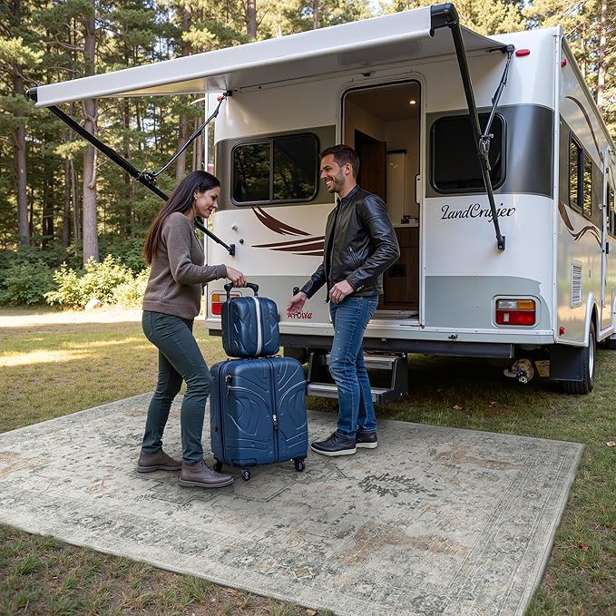 GENIMO Outdoor & Indoor Area Rug 4'x6', Waterproof, Non-Shedding, Easy Cleaning, Boho Mat for Patio, Living Room, Balcony, Dining Room, RV, Deck, Bedroom, Camping, Outside Carpet,Light Grey Brown