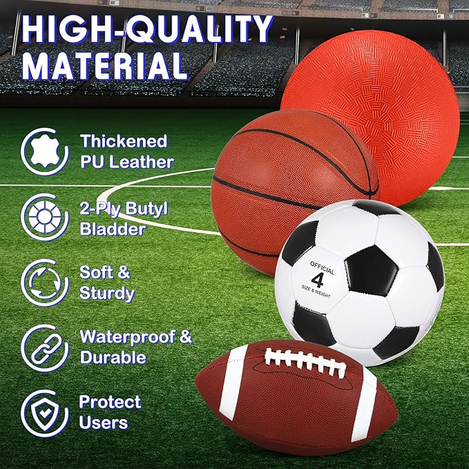 Deekin 4 Pcs Sport Balls Set for Kids Teens, Include Official Size 5 Basketball 4 Soccer 6 Football Playground Ball and Pump Sports Equipment Bag Recess Equipment Sport for Students(Normal Color)