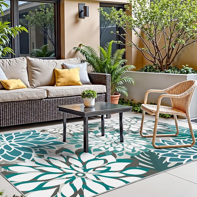 Colorful 3x5 Washable Rug for Living Room Tropical Botanical Modern Floral Chenille Area Rugs Low Pile Non Slip Carpet for Patio, Bedroom, Laundry, Teal