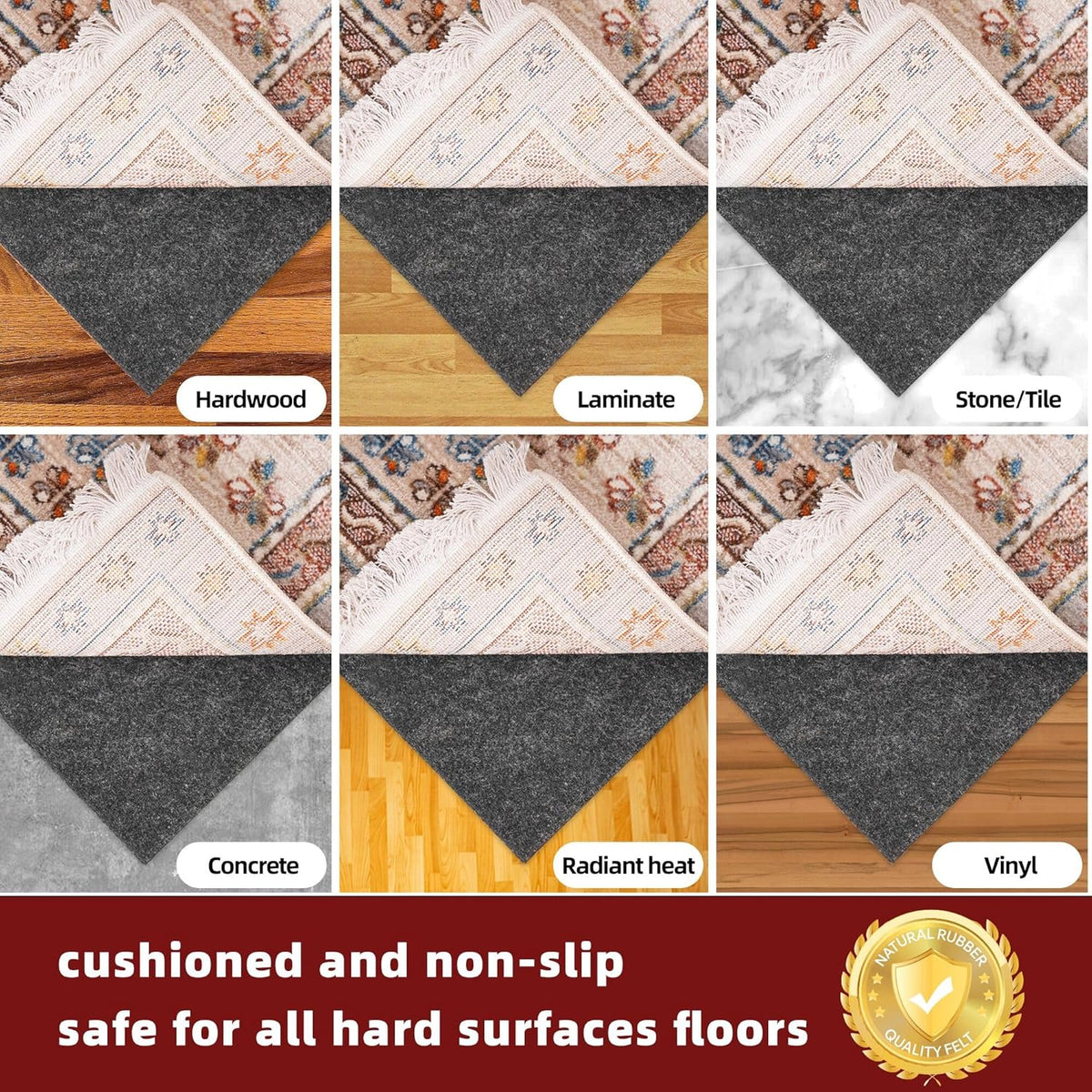 BAGAIL Felt and Natural Rubber Backing Rug Pads 1/8” Thick, 9 x 12 Ft Non Slip Rug Gripper Keep Rugs in Place, Under Area Rug Protective Cushioned Pads, Carpet Runners, Hardwood Floors Protection
