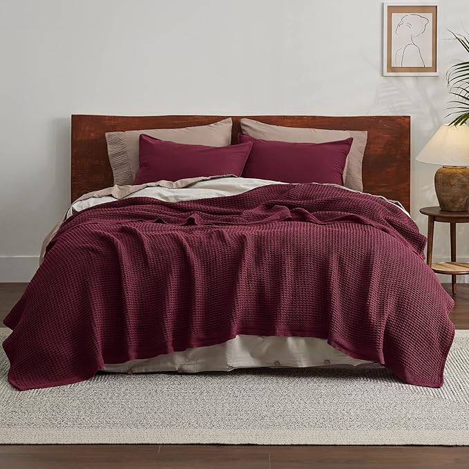 Bedsure 100% Cotton Blanket King Size for Bed - Breathable and Soft, Waffle Weave Blanket for Summer, Thick Cozy Fall Blankets for Women Gift, Red, 104x90 inches