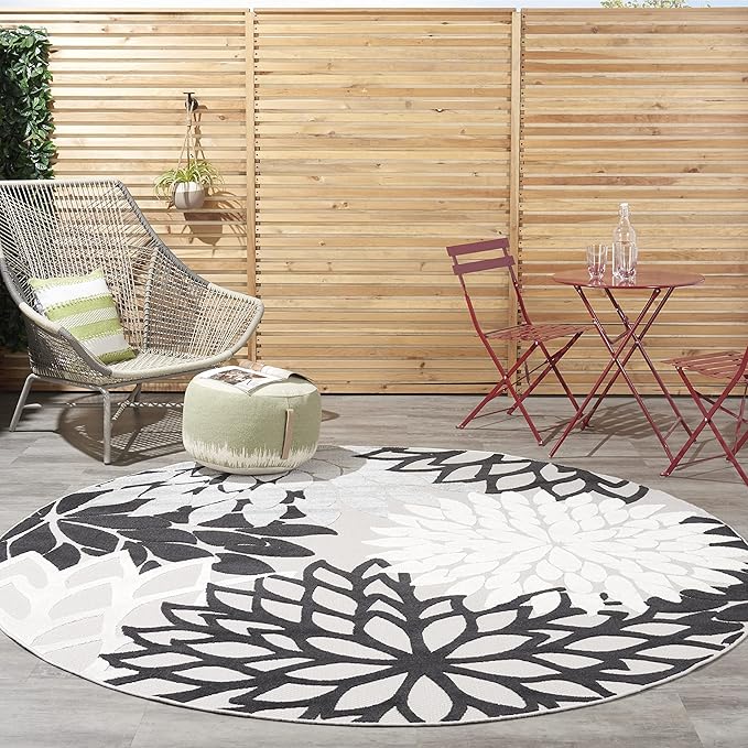 Nourison Aloha Indoor/Outdoor Black White 7'10" x Round Area Rug, Tropical, Botanical, Easy Cleaning, Non Shedding, Bed Room, Living Room, Dining Room, Deck, Backyard, Patio (8 Round)