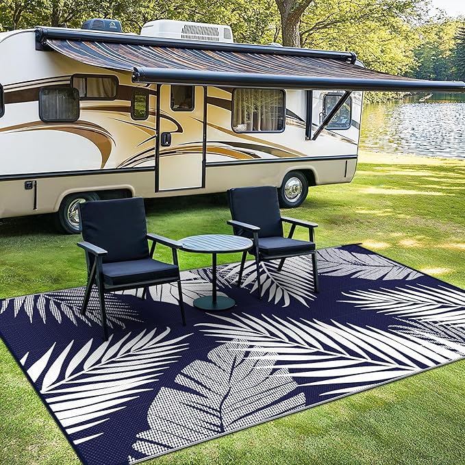 Outdoor Rug 9’x12’ Waterproof for Patio Clearance, Reversible Indoor Outdoor Plastic Straw Camping Rug Carpet, RV Mat, Large Area Rug for Deck, Backyard, Balcony, Porch, Beach, Blue & White