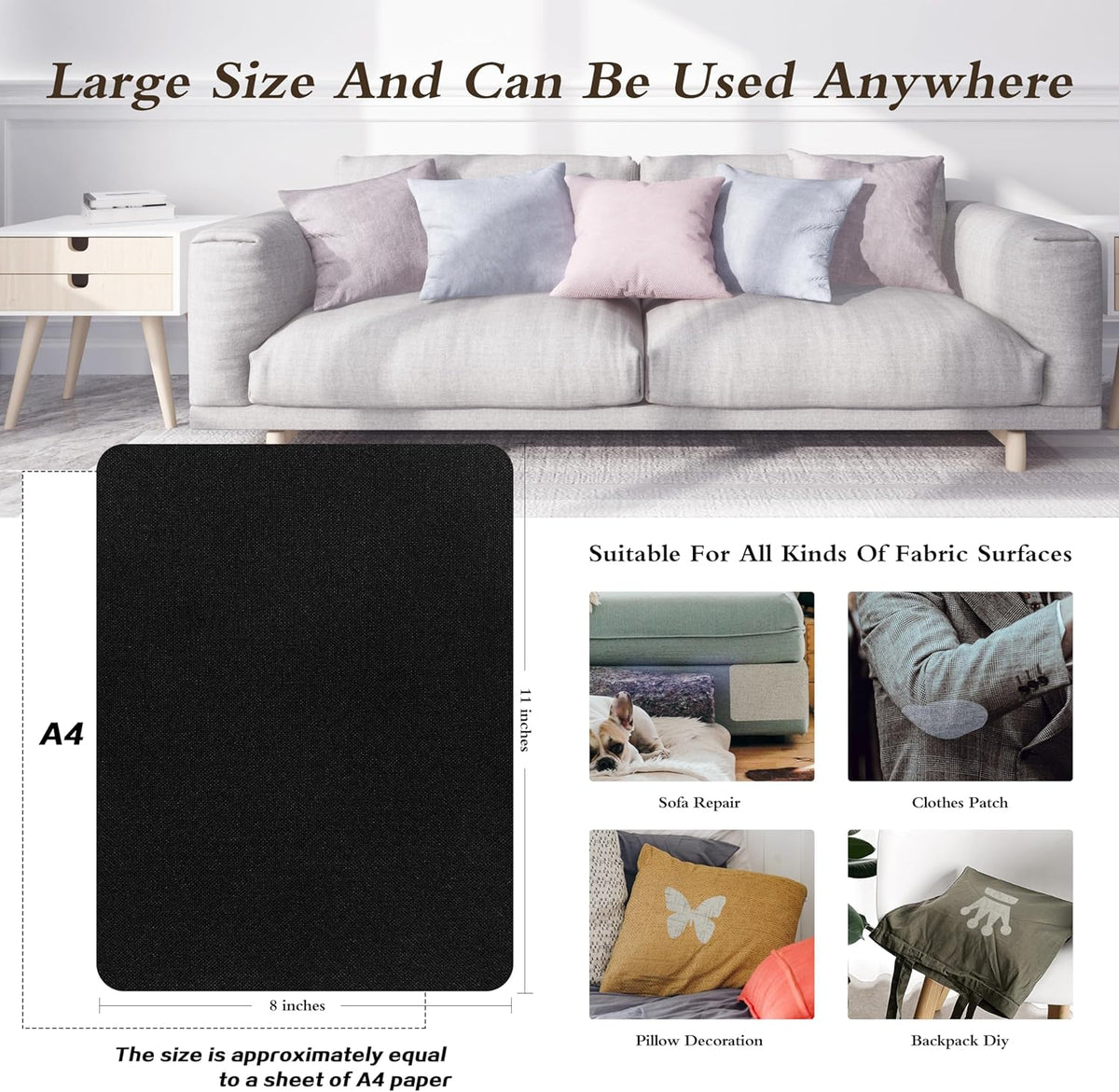 Fine Linen Repair Patches, Self-Adhesive Fabric Patches, 8x11 inch 2 PCS, Multi Color, for Sofa and Clothes Repair (Black, 8" x 11" - 2PCS)