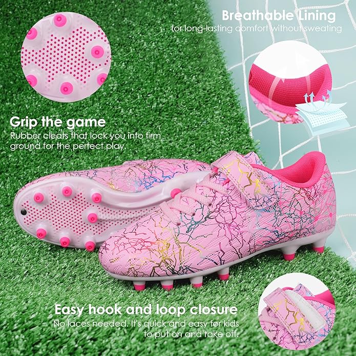 brooman Kids Firm Ground Soccer Cleats Girls Football Cleats with Shin Guards and Soccer Socks