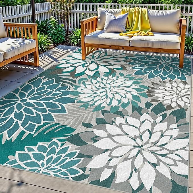 Colorful 3x5 Washable Rug for Living Room Tropical Botanical Modern Floral Chenille Area Rugs Low Pile Non Slip Carpet for Patio, Bedroom, Laundry, Teal