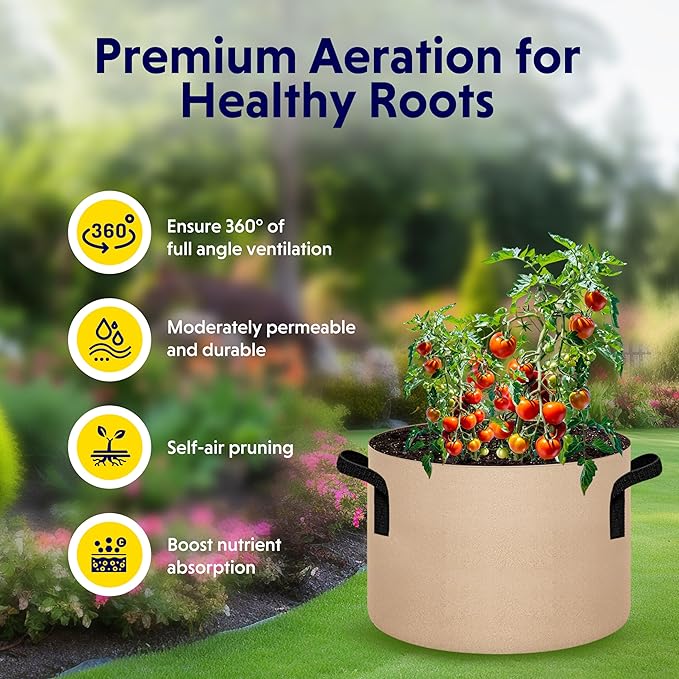 iPower 5-Pack 7 Gallon Plant Grow Bags Thickened Nonwoven Aeration Fabric Pots Heavy Duty Durable Container, Strap Handles for Garden, Tan New