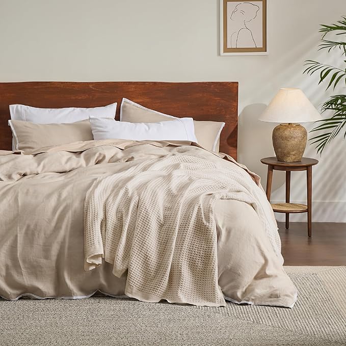 Bedsure 100% Cotton Large Throw Blanket for Couch 50x70 inches - Breathable and Soft, Waffle Weave Throw Blanket for Office, Khaki (a Little Bit Yellow)