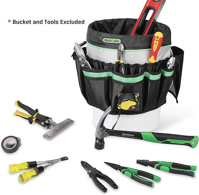 HURRICANE 5 Gallon Bucket Tool Bag Organizer, Garden Tool Caddy with 52 Pockets, Waterproof for Most Buckets