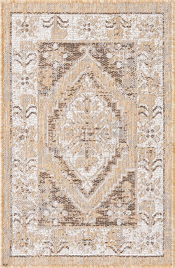 Unique Loom Outdoor Traditional Collection Area Rug - Valeria (2' 2" x 3' 1" Rectangle, Natural/ Ivory)