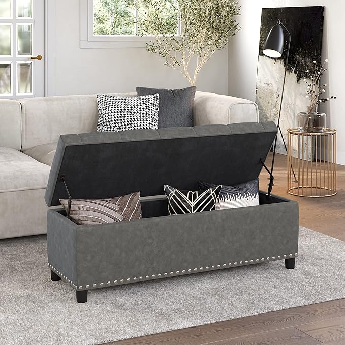 BELLEZE 47" Storage Ottoman, Storage Bench with Safety Close Hinge, Faux Leather Button-Tufted Ottoman for Living Room, Entryway, Hallway, Foot Rest, Support 300lbs - Rustic Gray