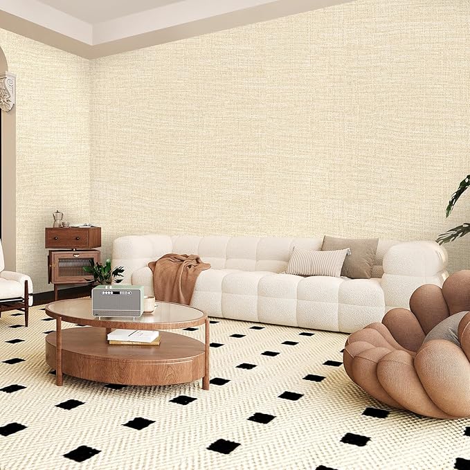 Amiya Grasscloth Cream Wallpaper Peel and Stick Beige Faux Fabric Linen Contact