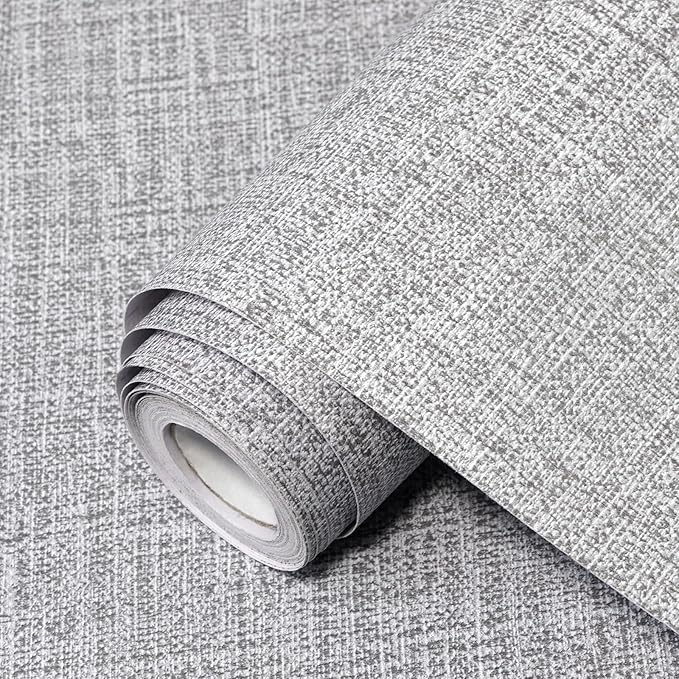Grey Grasscloth Peel and Stick Wallpaper 17.3"x160" Faux Linen Textured Contact