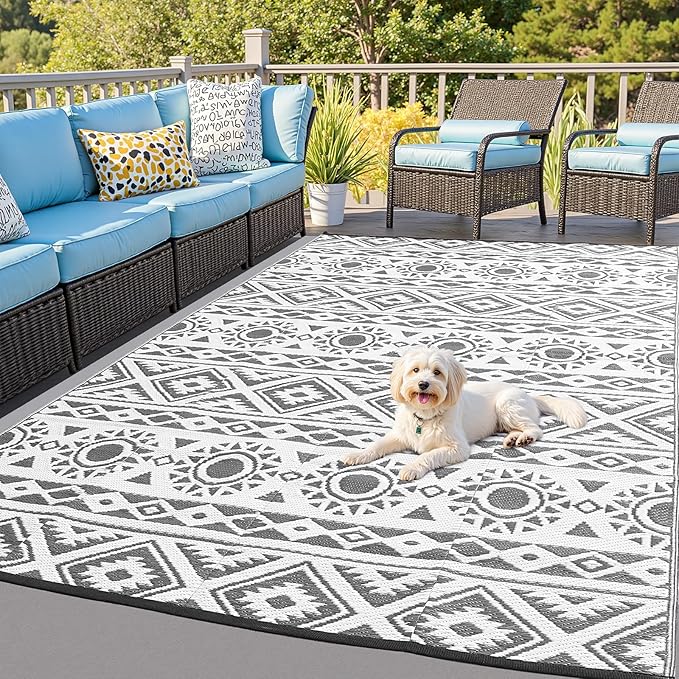 Outdoor Rug Waterproof 5x8 ft, Reversible Outdoor Plastic Straw Rug Patio Rug, RV Rugs for Outside, Outdoor Carpet for Patio Camping Deck Balcony Backyard, Gray & White