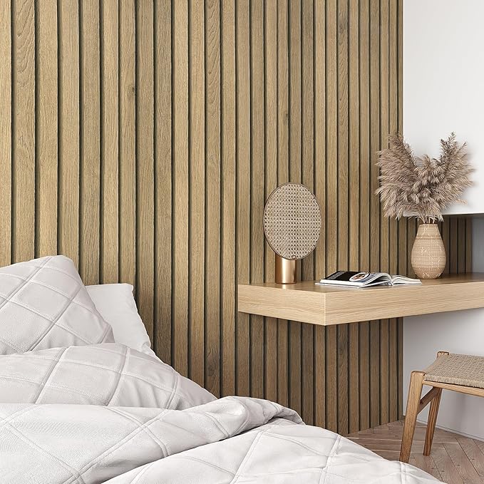 VEELIKE Natural Light Oak Wood Slat Peel and Stick Wallpaper Wood Panel