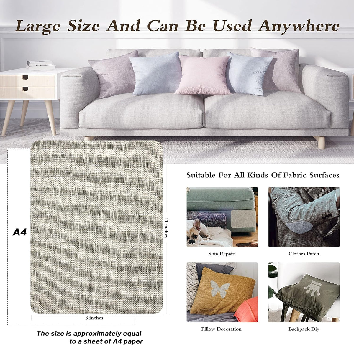KING MOUNTAIN Coarse Linen Repair Patches, Self-Adhesive Linen Fabric Patches, 8X11 inch Extra Size, Multi Color, Can be Used for Linen Sofa Repair and Linen Clothes Repair(8" x 11",Cream-Gray 1.0)