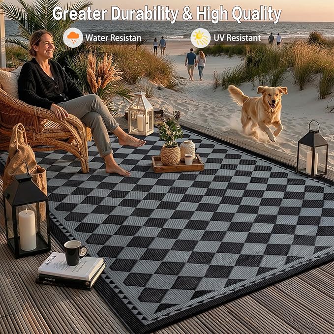 HUGEAR Outdoor Waterproof Rug 9'x12' Plastic Straw Rugs Washable Reversible Floor Mat Black/Grey Plaid Carpet for Camping RV Deck Entryance Porch Picnic Balcony Beach Backyard