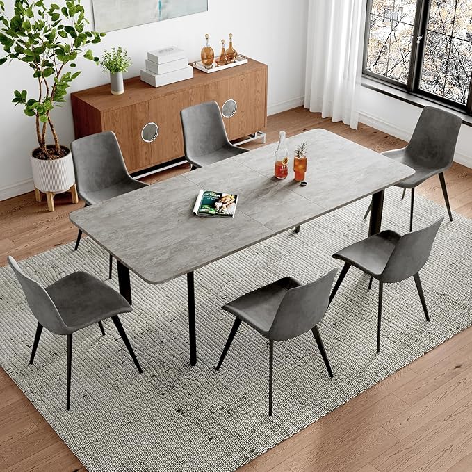 63"- 78.7" Extendable Dining Table Set for 6, Modern Kitchen Table with 6 Dining Chairs for 4-6 Person, Thickened Expandable Wooden Table with Metal Legs for Dining Room, Kitchen