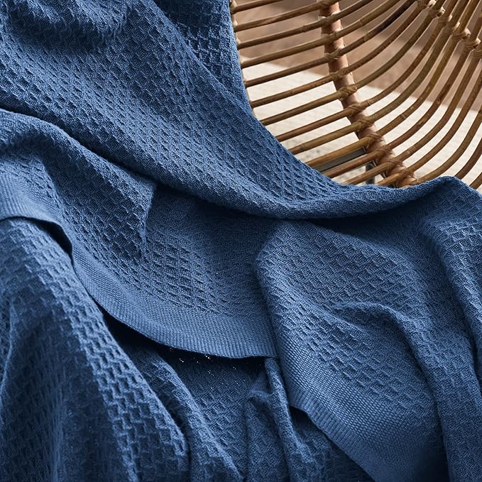 Bedsure 100% Cotton Blanket Twin XL Size for College Dorm - Breathable and Soft, Waffle Weave Twin Blanket for Summer, Dorm Room Essentials, Navy, 66x90 inches