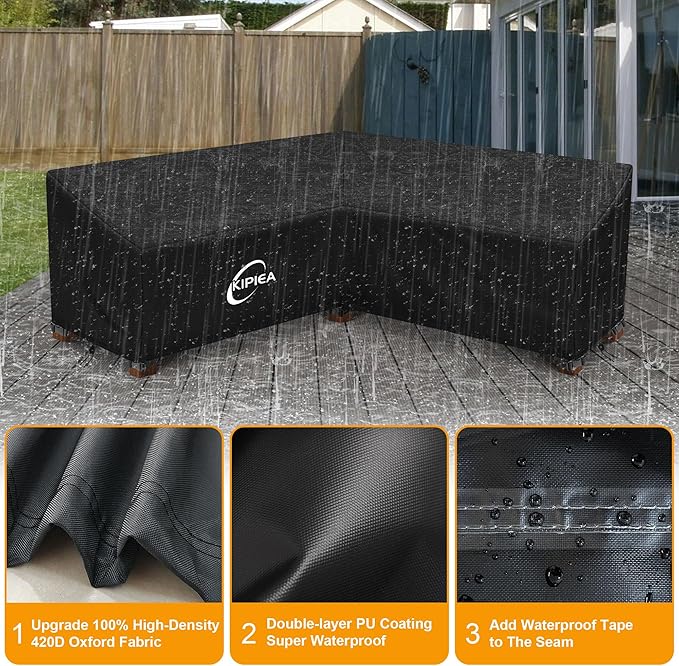 Kipiea Patio V-Shaped Sectional Sofa Cover, 420D Heavy-Duty Oxford Fabric Outdoor Sectional Cover with 6 Windproof Buckles, Anti UV and No Tears, No Fading (89" x 89"L x 33.5"D x 31"H)Black