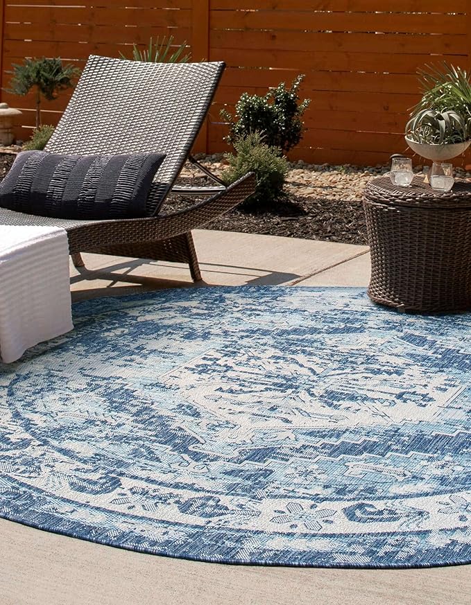 Unique Loom Outdoor Traditional Collection Area Rug - Valeria (3' 3" Round, Blue/ Ivory)