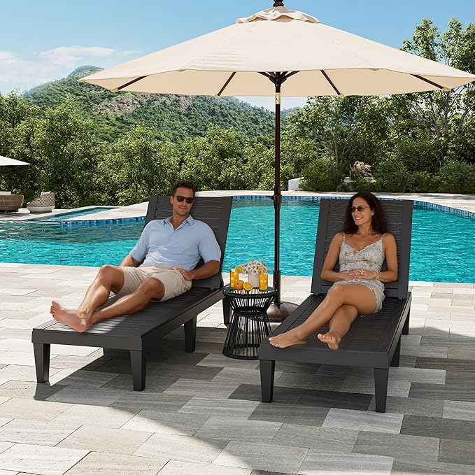 Outdoor Lounge Chair Set of 2, 5-Positions Adjustable Patio Chaise Lounges, Waterproof Tanning Chairs for Poolside, Backyard, Scratch-Resistant & Easy to Clean (Black Striped, Set of 2)