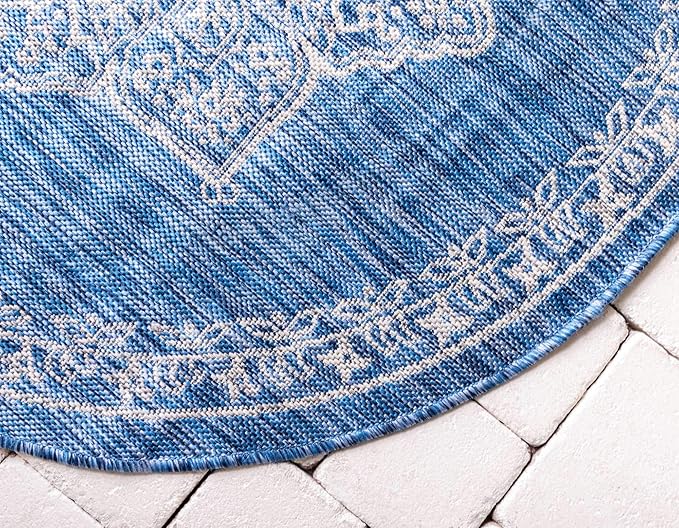 Unique Loom Outdoor Traditional Collection Area Rug - Antique (4' 1" Round, Blue/ Gray)