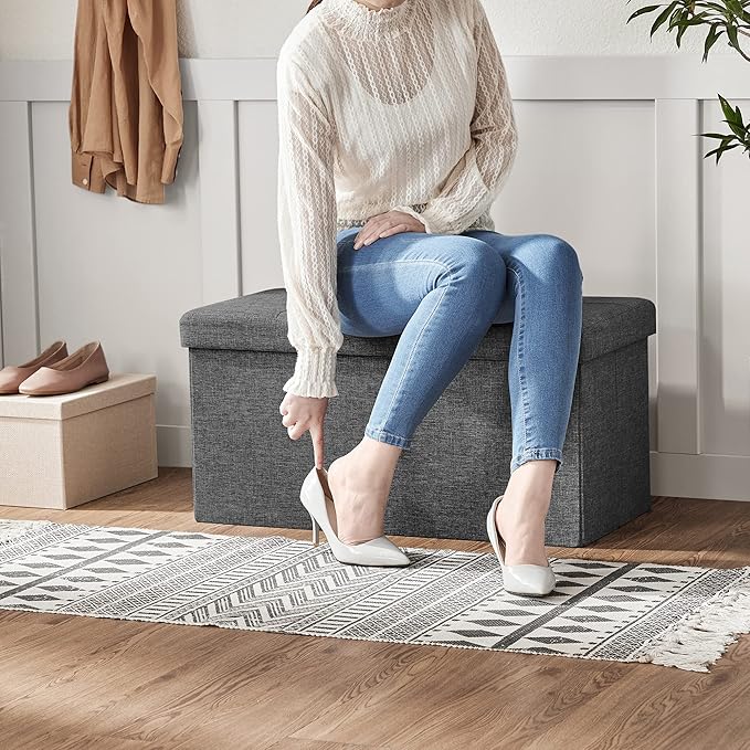 SONGMICS MAZIE Collection - 30 Inches Storage Ottoman, Foldable Storage Bench with Flipping Lid, 660 lb Load Capacity, for Entryway, Living Room, Bedroom, Dark Gray ULSF46GYZ