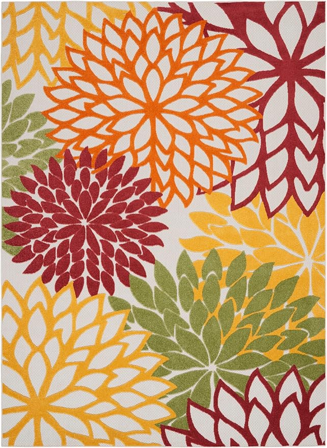 Nourison Aloha Indoor/Outdoor Red Multi Colored 7'10" x 10'6" Area Rug, Tropical, Botanical, Easy Cleaning, Non Shedding, Bed Room, Living Room, Dining Room, Deck, Backyard, Patio (8x10)