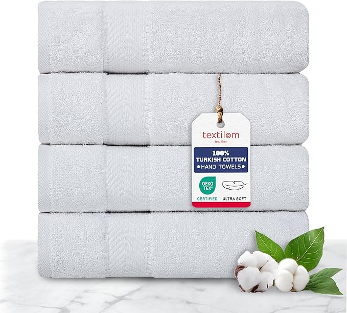 TEXTILOM 100% Turkish Cotton 4 Pcs Hand Towel Set, Luxury Hand Towels for Bathroom, Soft & Absorbent Bathroom Hand Towels Set (16 x 28 inches)- White